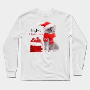 Kitten in Santa Claus costume with a bag of gifts Long Sleeve T-Shirt